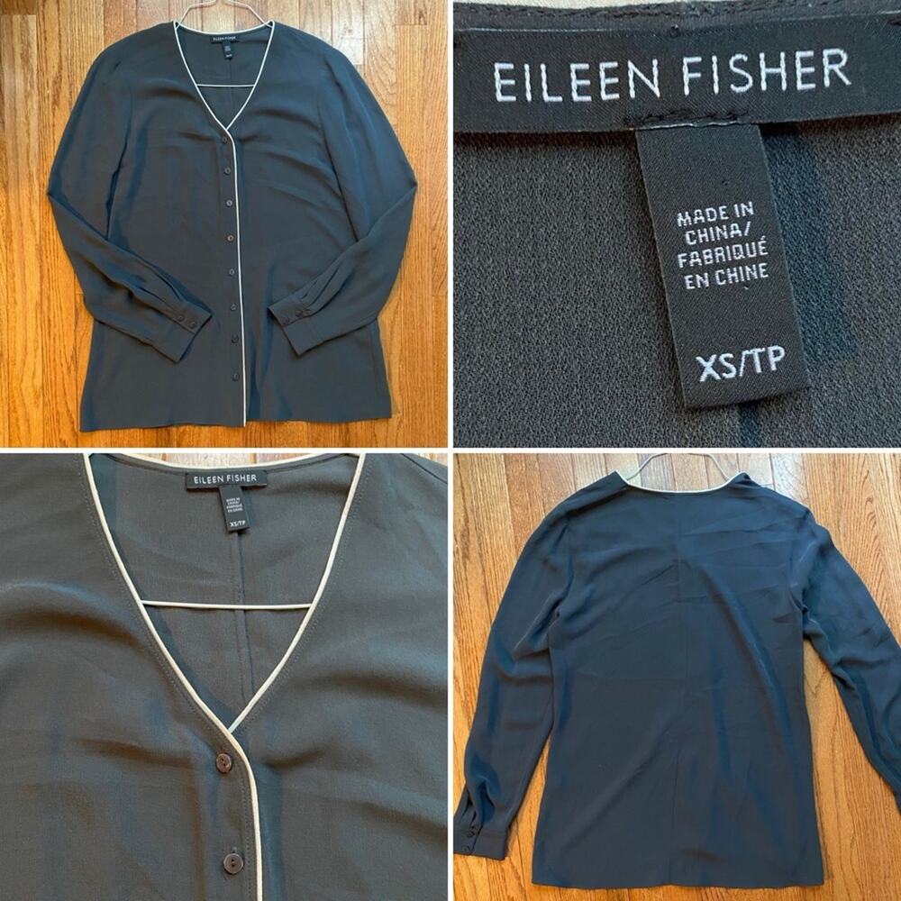 Eileen Fisher $278 Graphite Gray Silk Georgette Crepe V-Neck Button Top XS NWOT